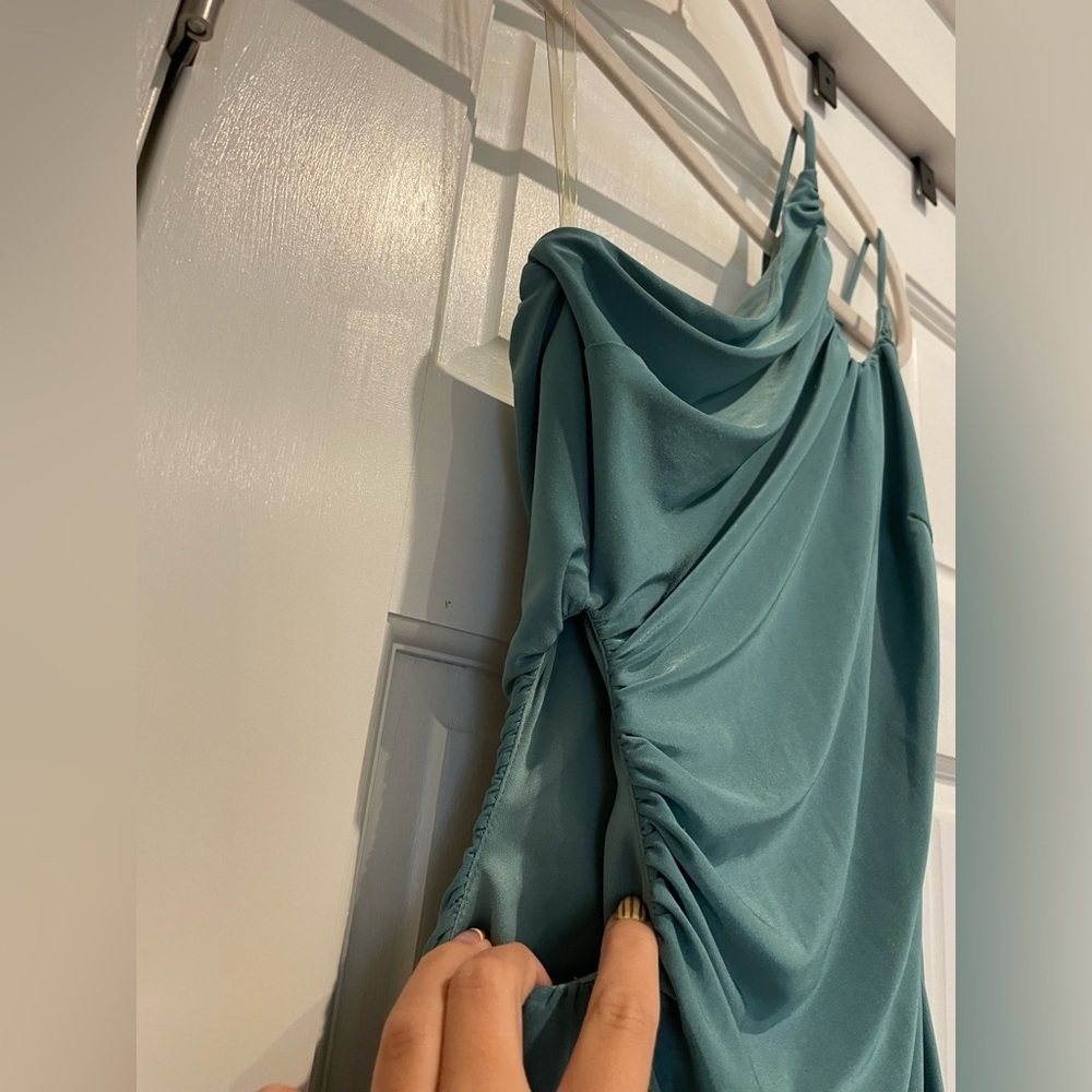 Green Speechless One Shoulder Mini Dress with Side Cut Out - Picture 3 of 6